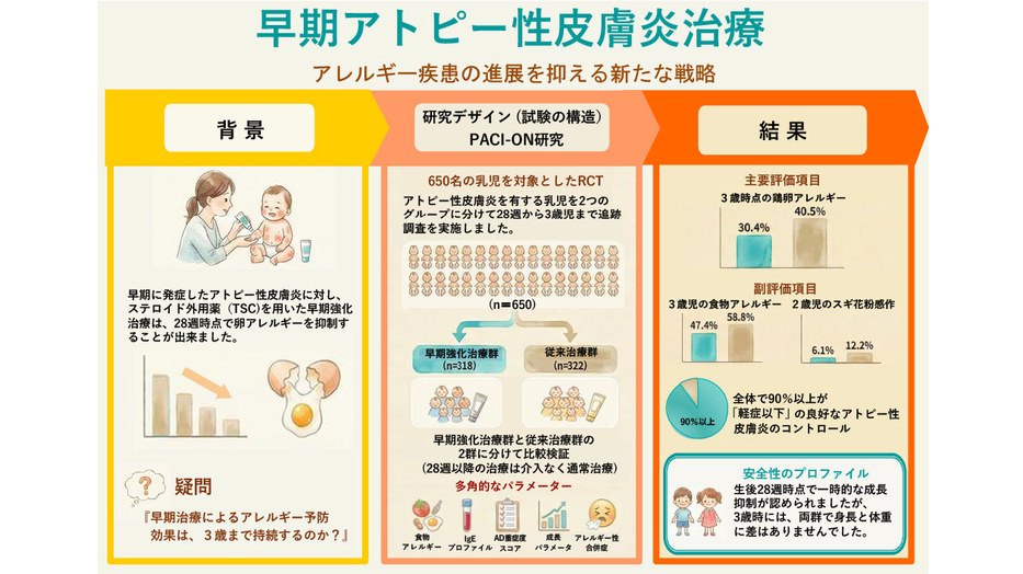 乳児期のアトピー早期強化治療、3歳時点でも食物アレルギーを抑制 ～早期介入で卵アレルギーも有意に減少～